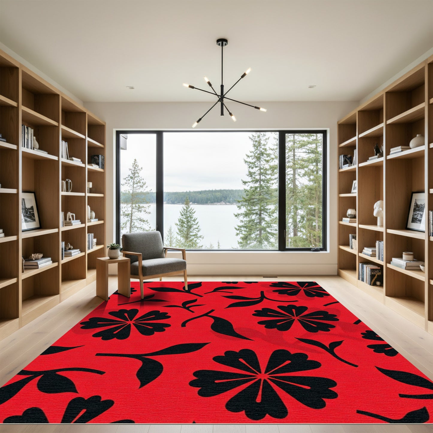 Bold Black Floral Red Background Rug
