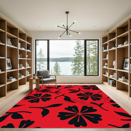 Bold Black Floral Red Background Rug