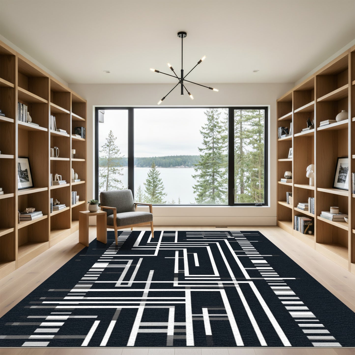 Monochrome Rectilinear Line Art Rug