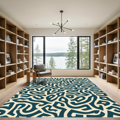Cream Navy Abstract Organic Maze Rug