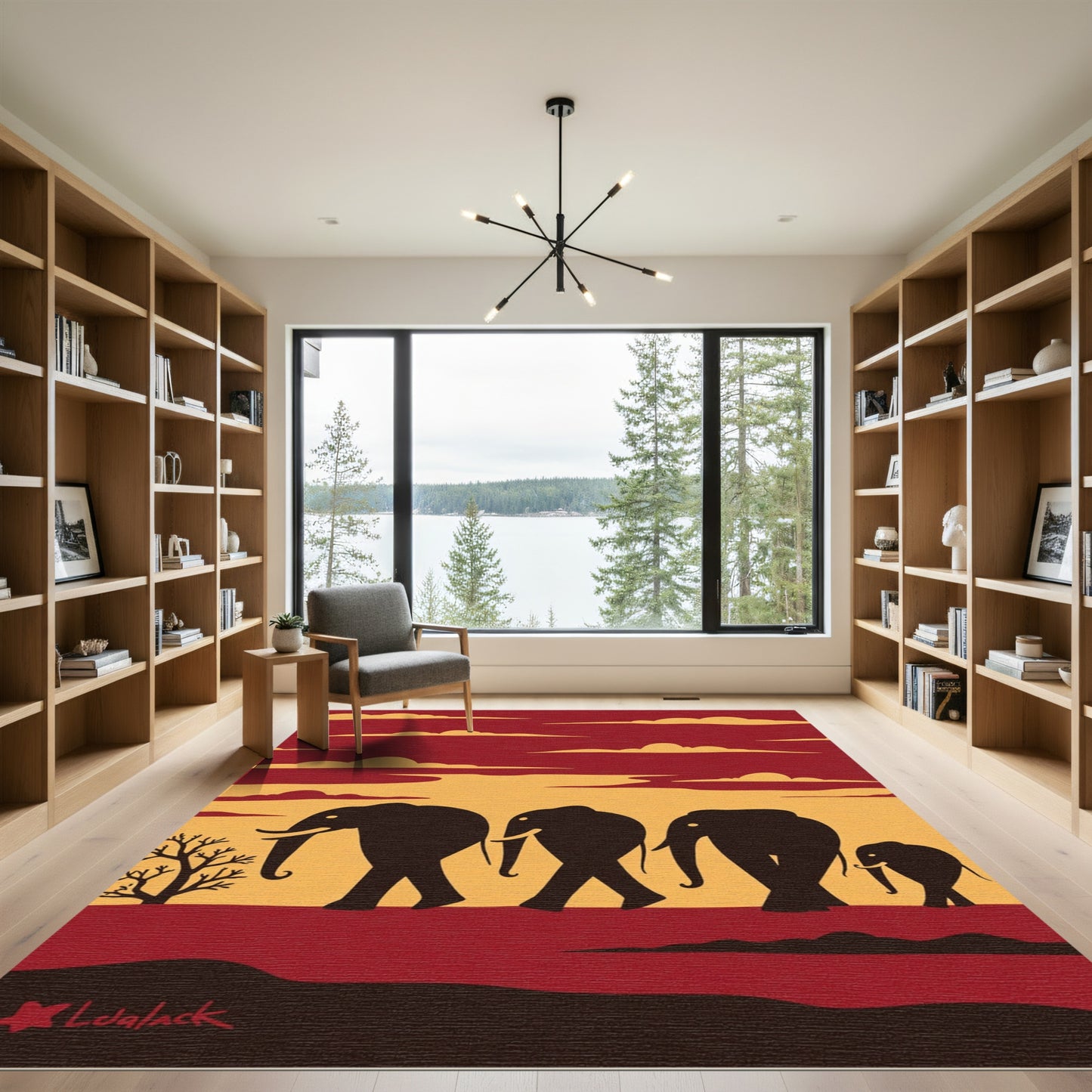 Crimson Yellow Elephant Herd Migration Rug