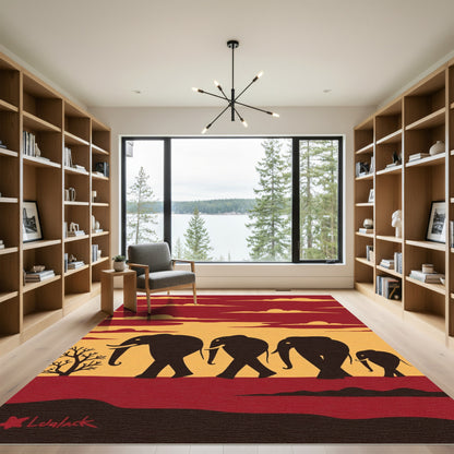 Crimson Yellow Elephant Herd Migration Rug