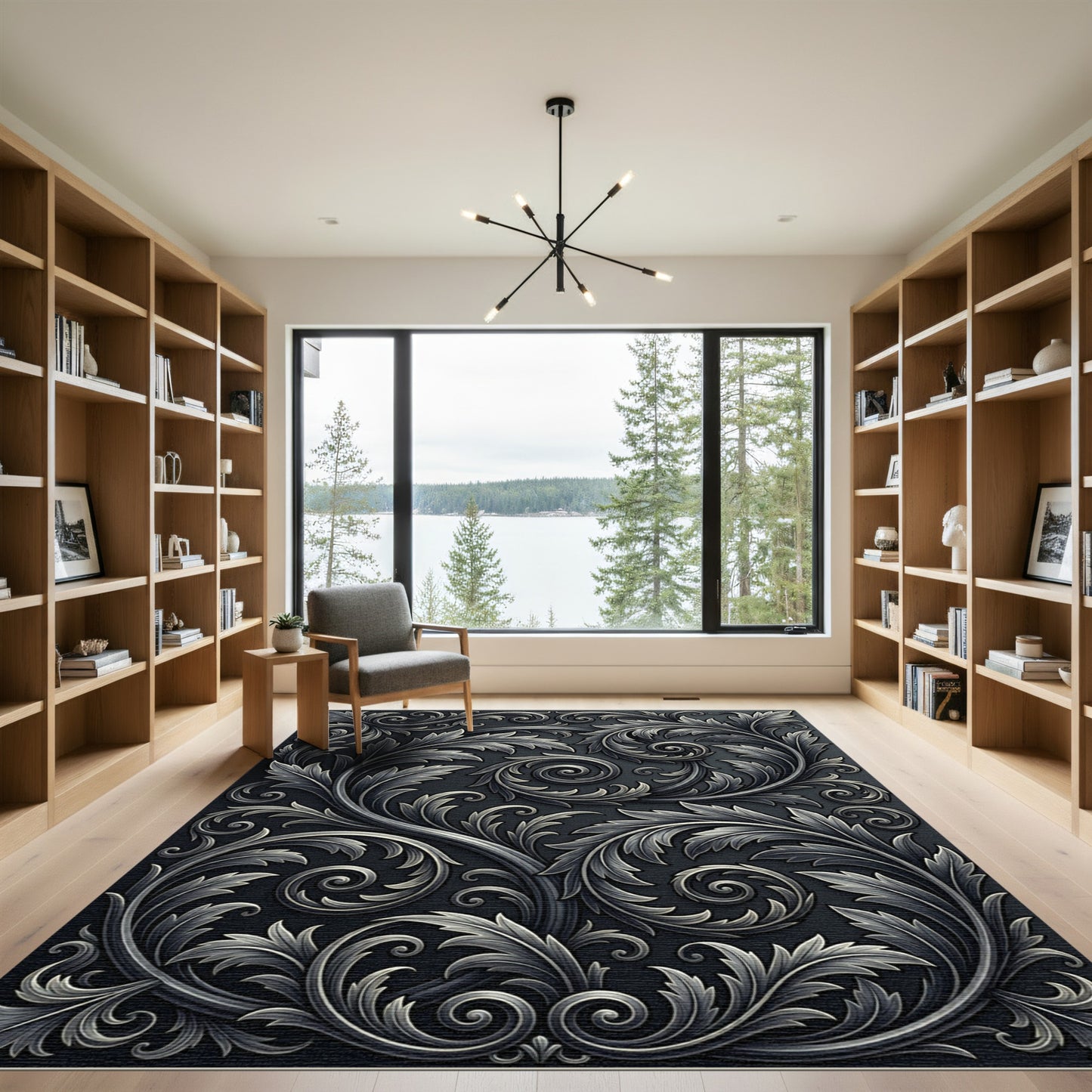 Ornate Dark Silver Acanthus Scroll Rug