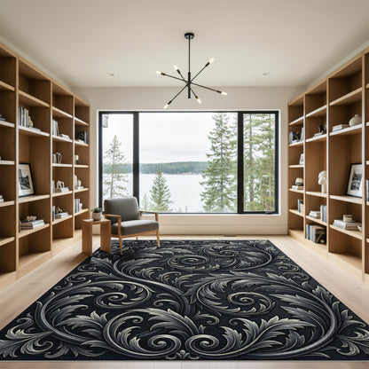 Ornate Dark Silver Acanthus Scroll Rug
