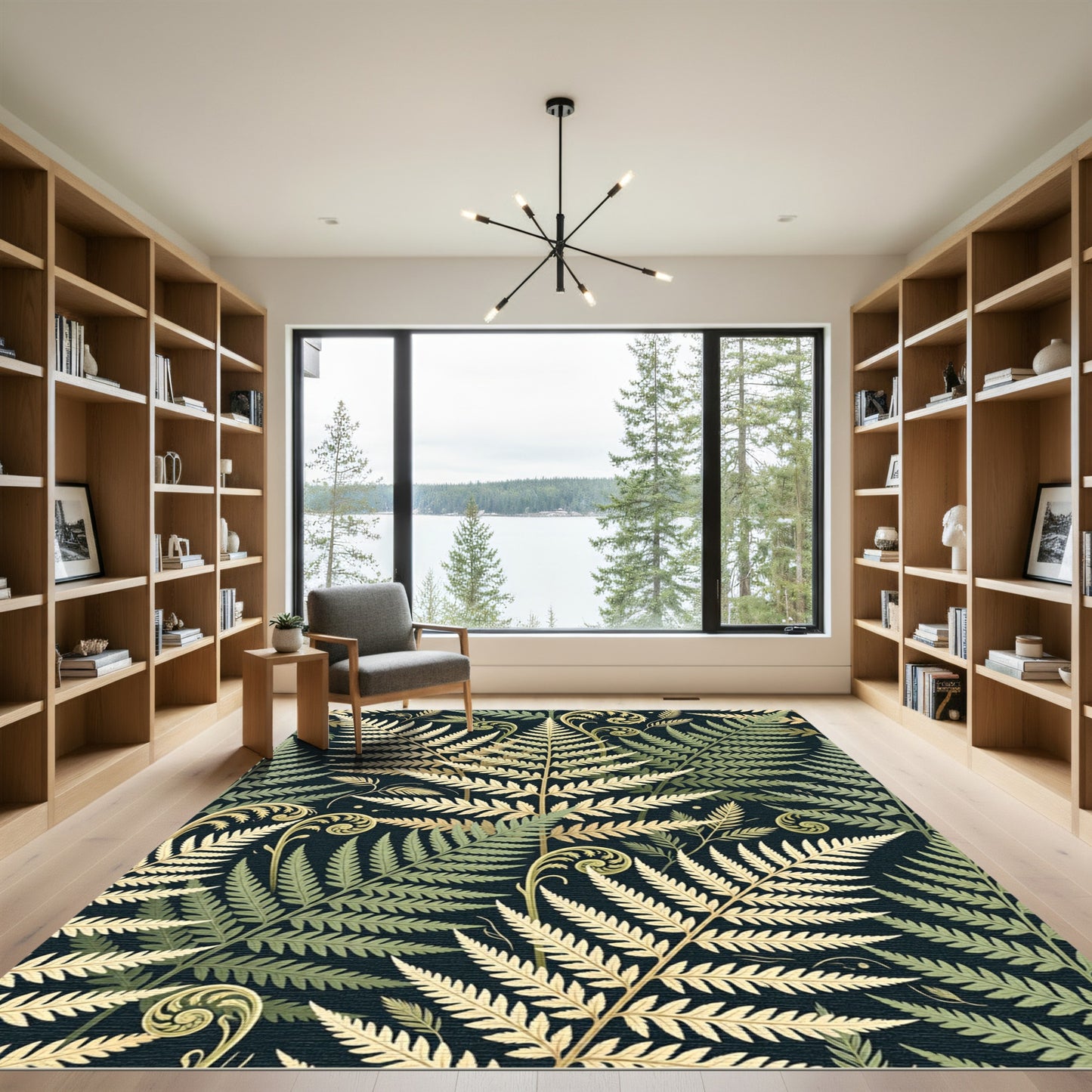 Elegant Golden Fern Botanical Dark Background Rug