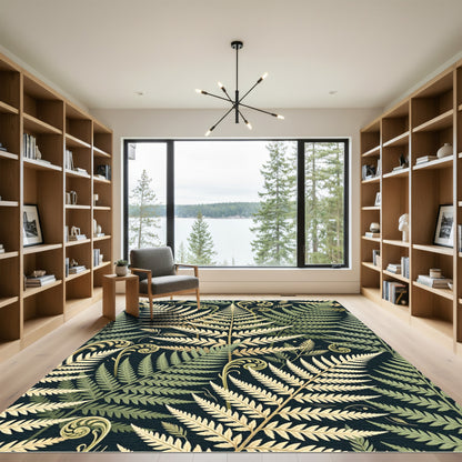 Elegant Golden Fern Botanical Dark Background Rug