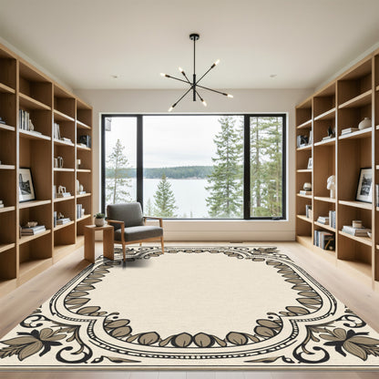 Elegant Beige Floral Acanthus Scroll Frame Rug