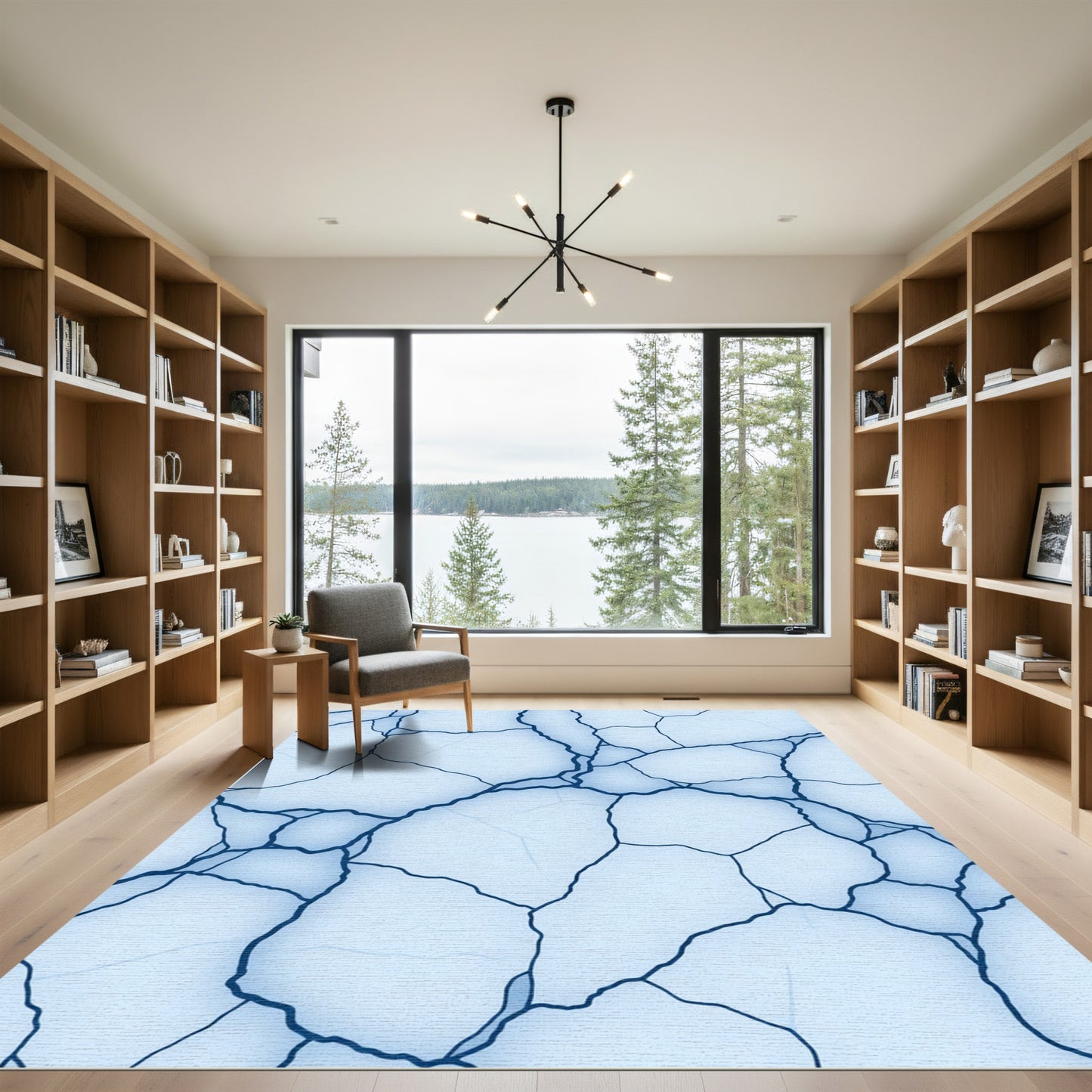 Cracked Light Blue Abstract Marble Rug