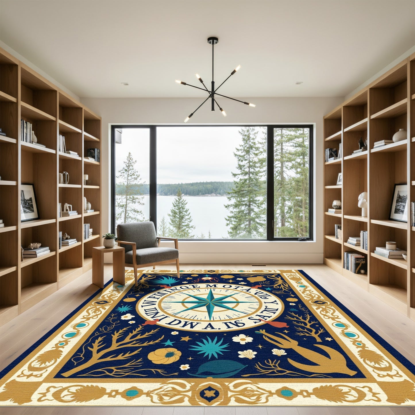 Navy Blue Golden Compass Nautical Art Rug