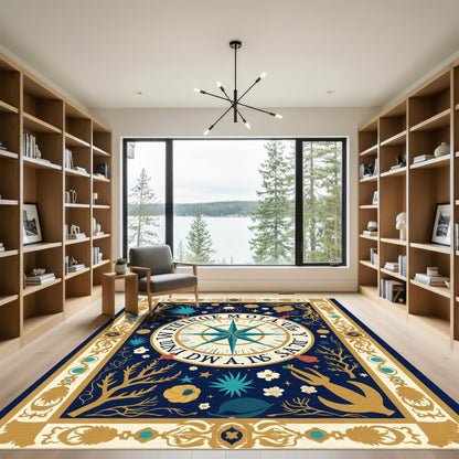 Navy Blue Golden Compass Nautical Art Rug