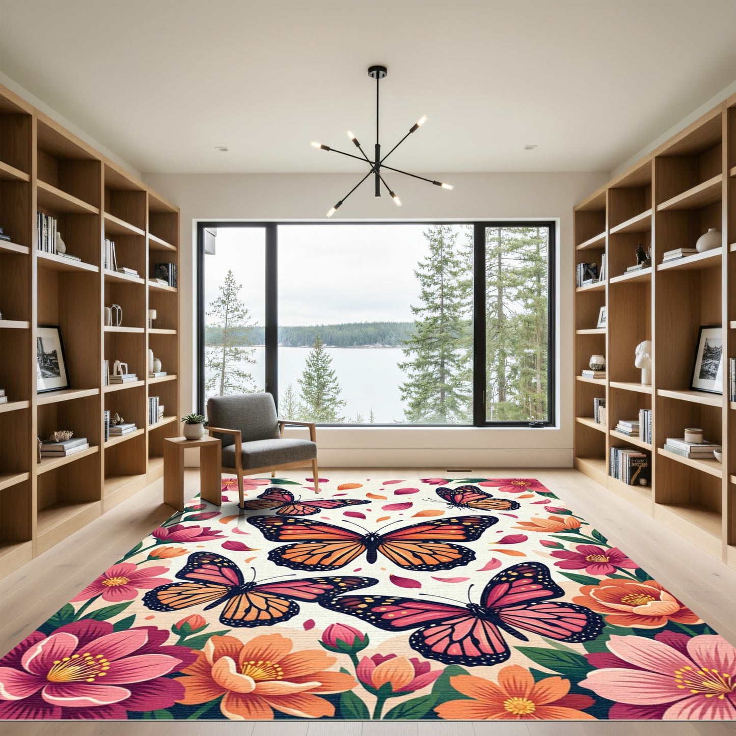 Vibrant Monarch Butterflies Amidst Blooms Rug