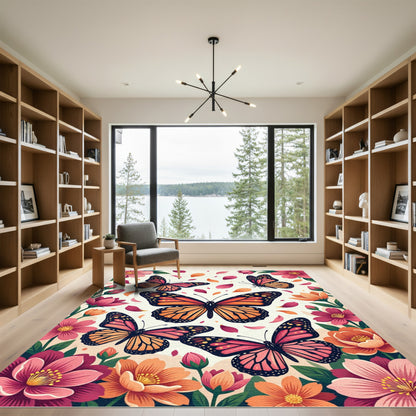 Vibrant Monarch Butterflies Amidst Blooms Rug