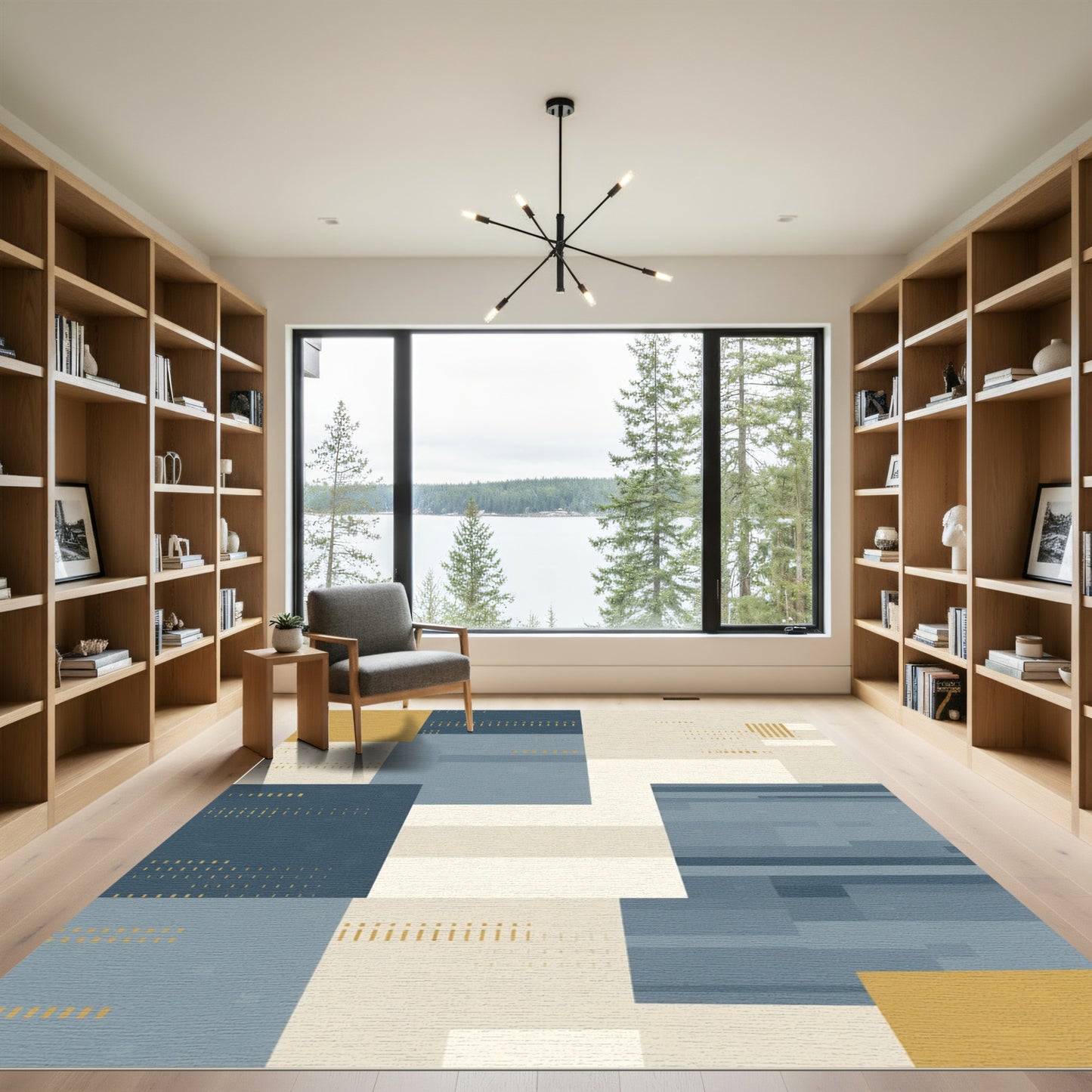 Abstract Geometric Ochre Blue Reeds Rug
