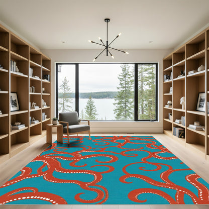 Orange Octopus Swirl Teal Rug