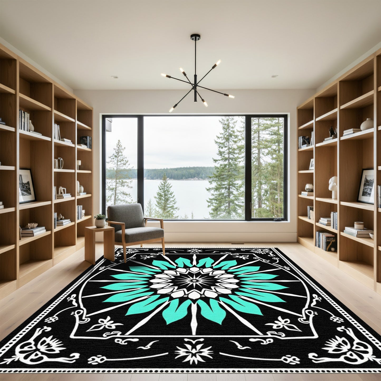 Aqua White Radial Mandala Ornament Rug