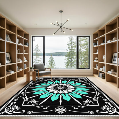 Aqua White Radial Mandala Ornament Rug