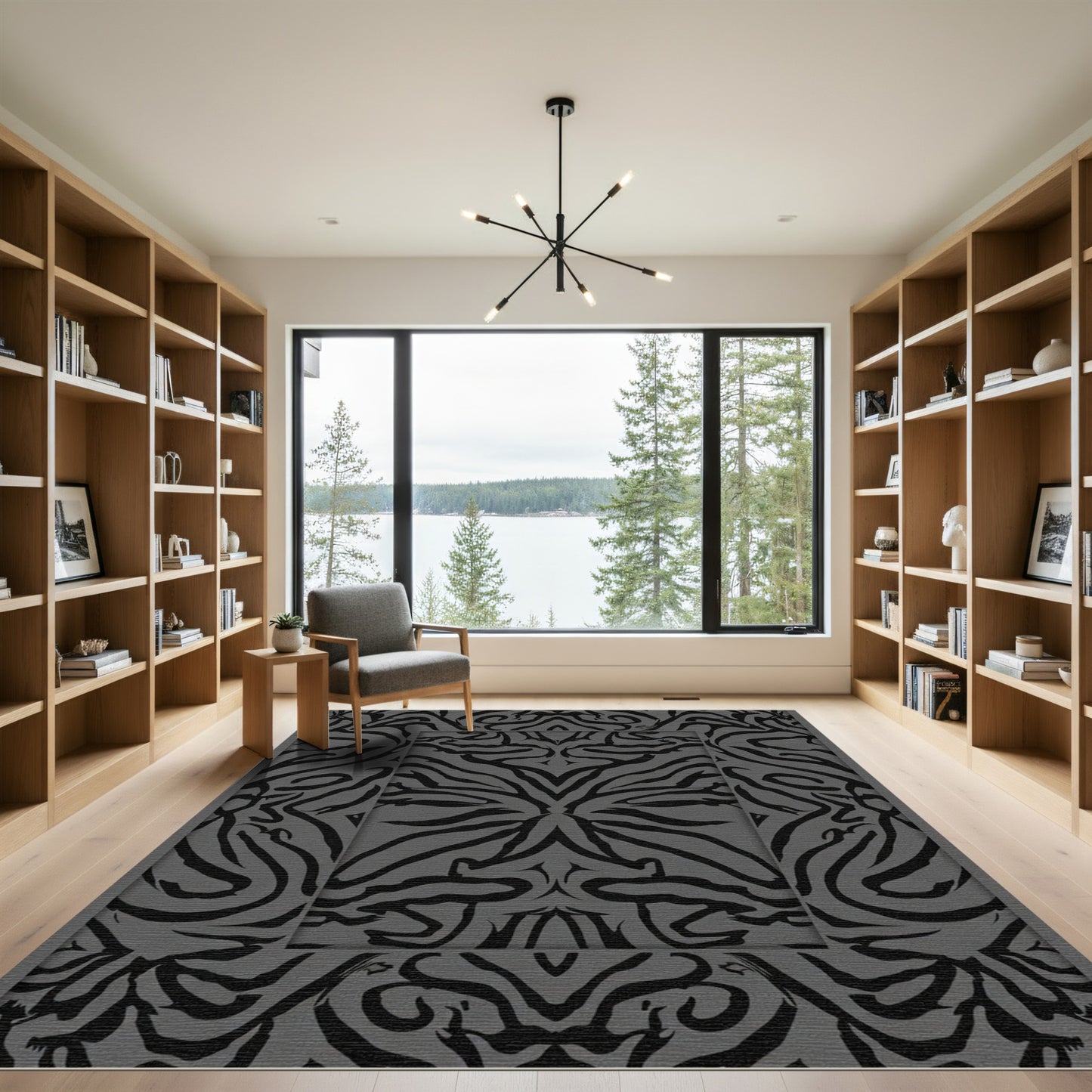 Monochrome Black Abstract Symmetric Swirls Rug