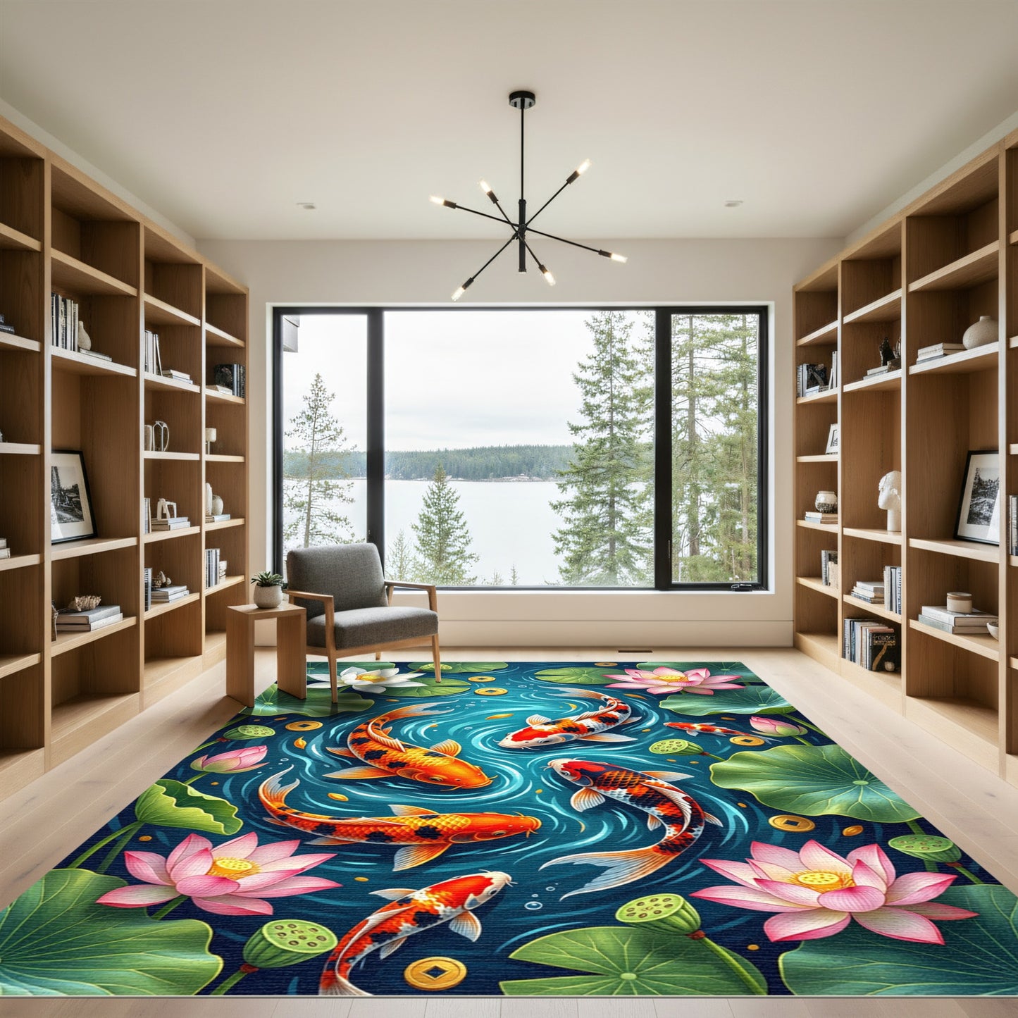 Koi Fish Floating Lotus Pond Art Rug