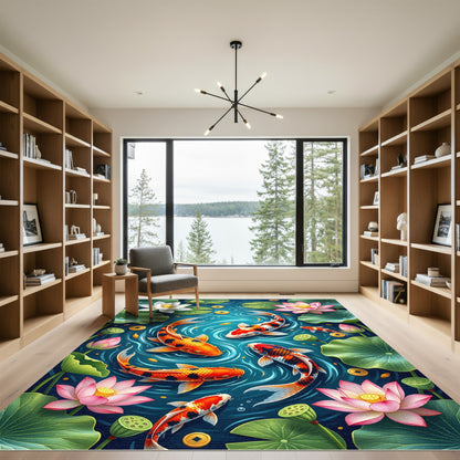 Koi Fish Floating Lotus Pond Art Rug