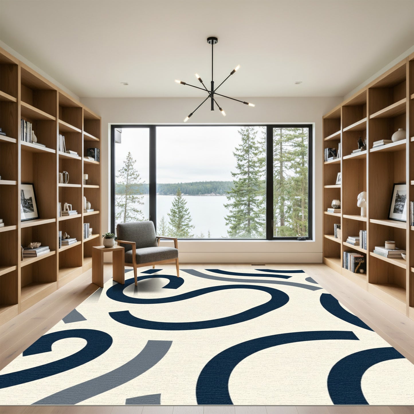 Navy Blue Abstract Curve Rug