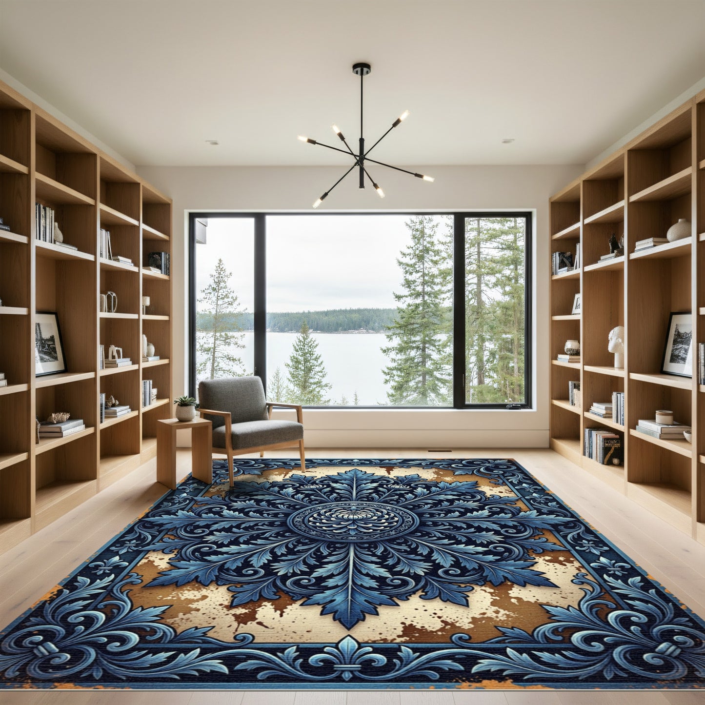 Elegant Navy Ornate Floral Medallion Rug