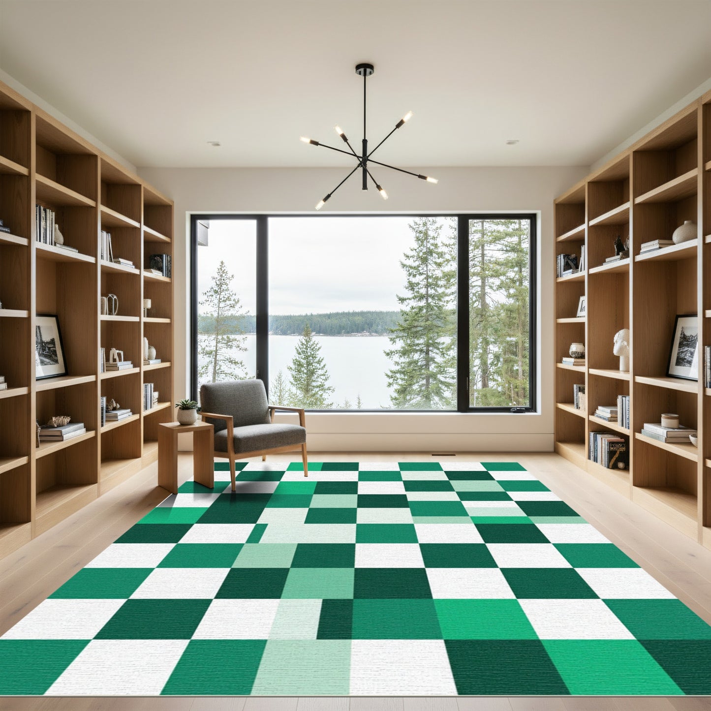 Modern Emerald Forest Pixel Grid Rug