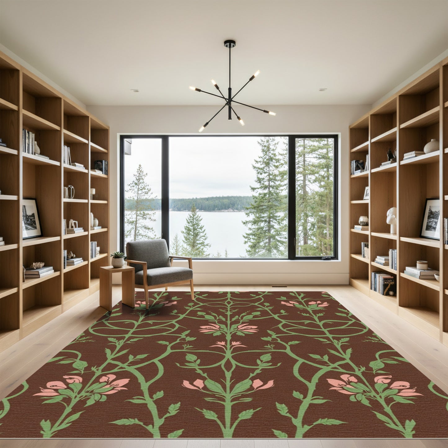 Brown Pink Floral Vine Damask Rug