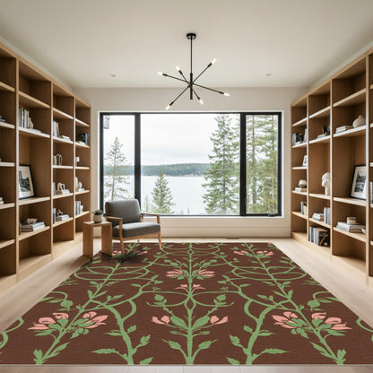 Brown Pink Floral Vine Damask Rug