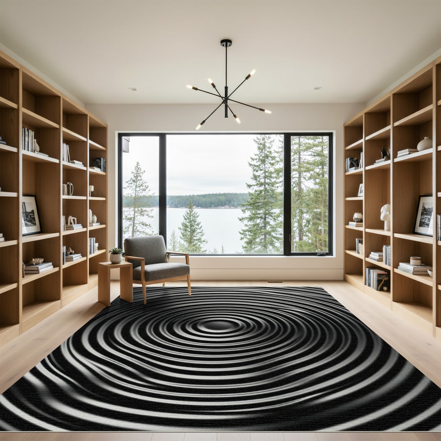 Rippled Black Silver Concentric Circles Rug