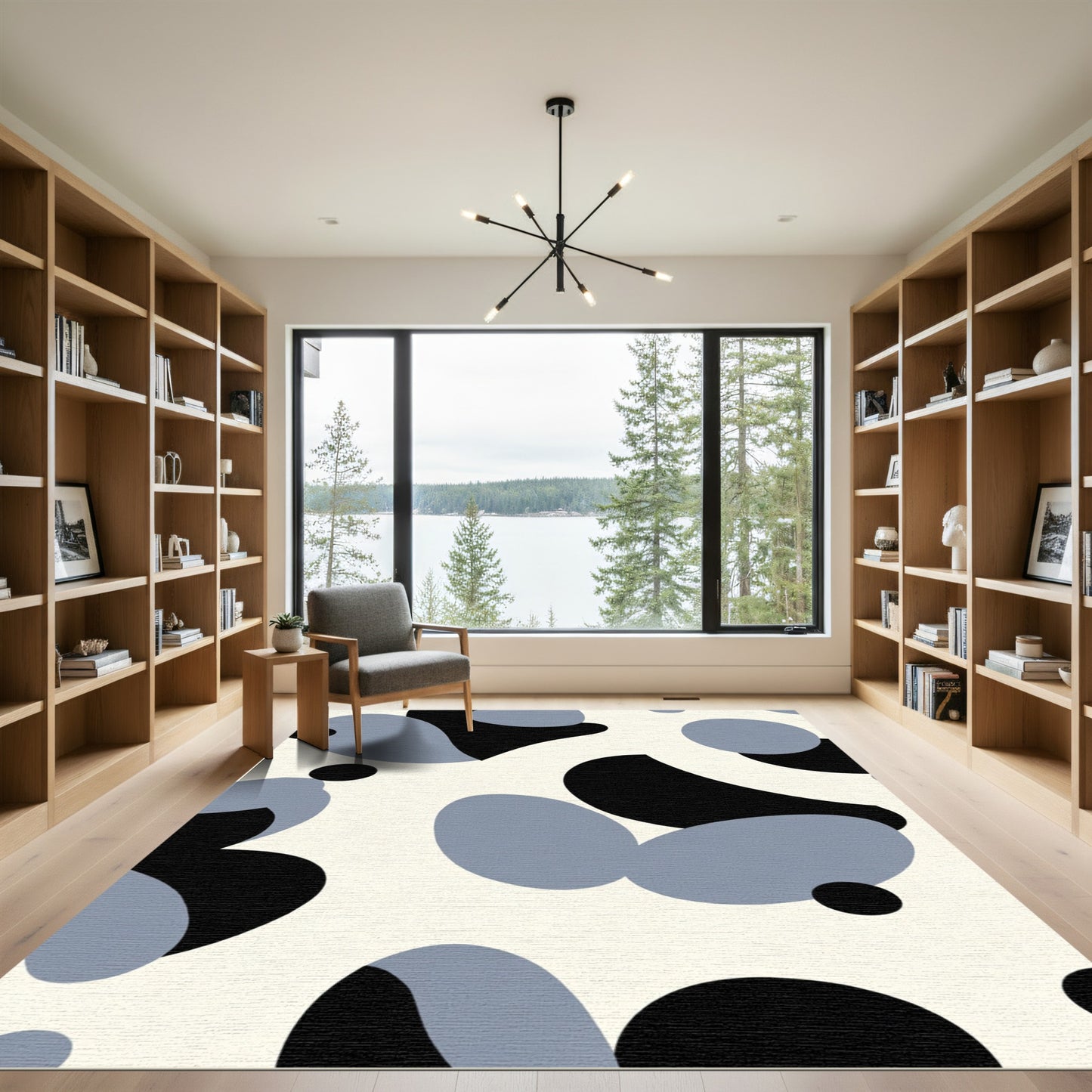 Cream Black Blue Organic Blobs Rug