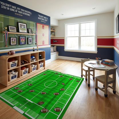 Green Scattered Footballs Gridiron Pattern Rug