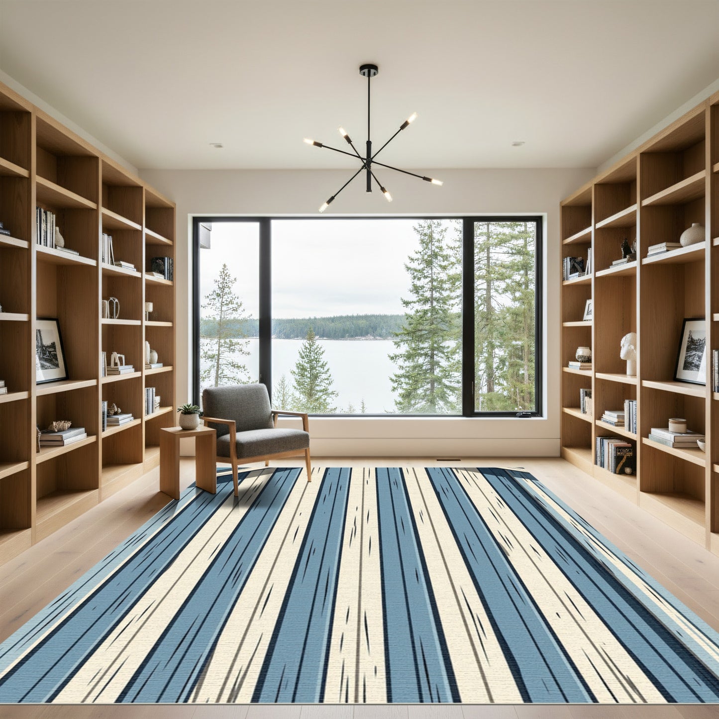 Modern Blue and Cream Vertical Stripe Rug