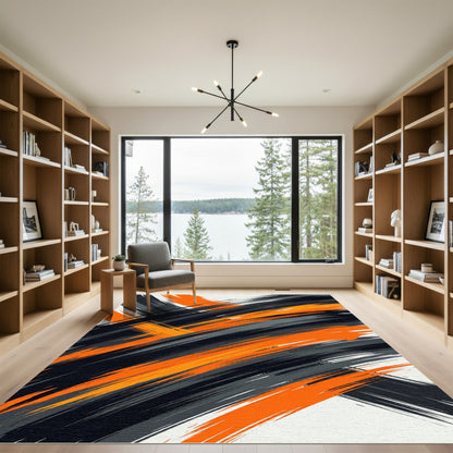 Modern Bold Orange Black Swirl Rug