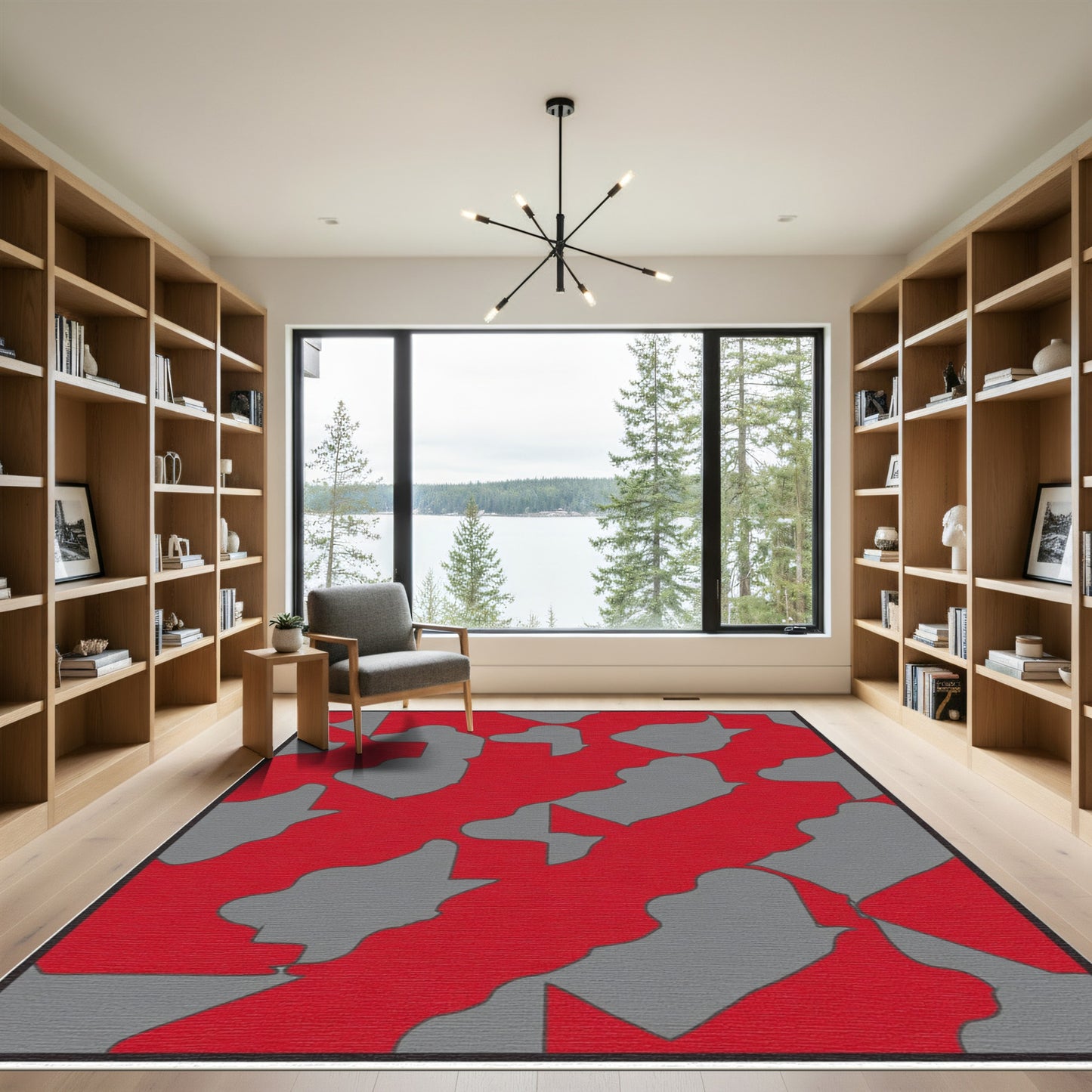 Bold Red Gray Abstract Flow Rug