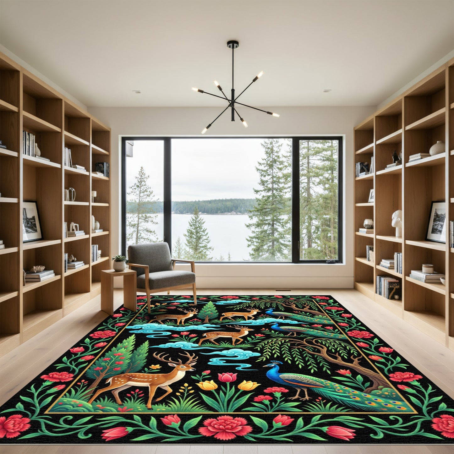 Enchanted Forest Peacock and Deer Tapestry Rug