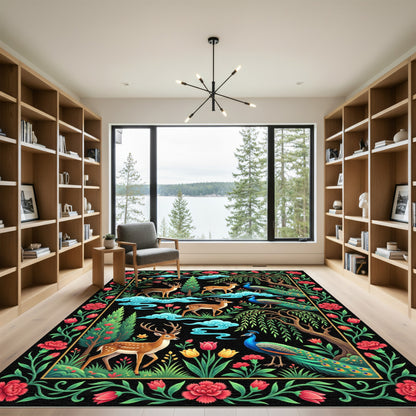 Enchanted Forest Peacock and Deer Tapestry Rug