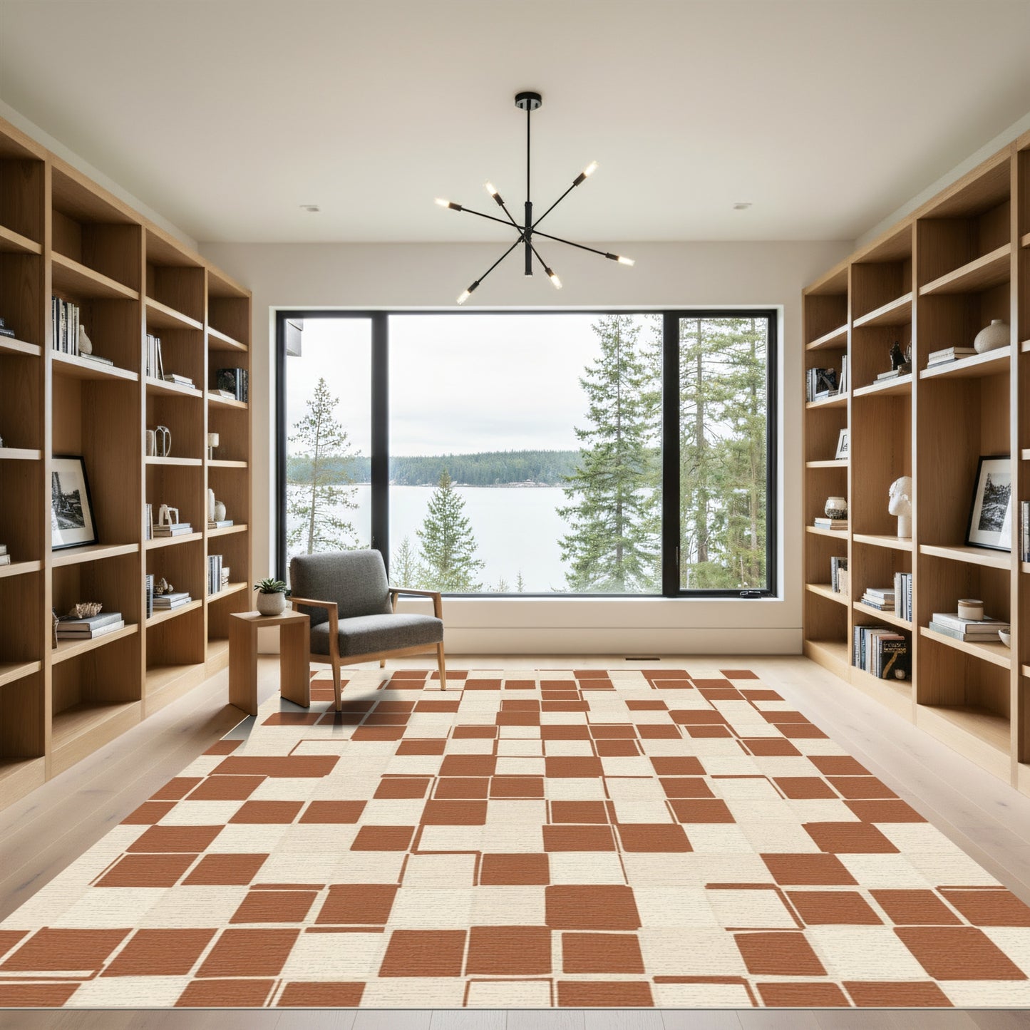 Earthy Brown Checked Grid Rug
