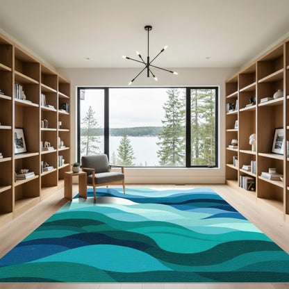Abstract Teal Blue Ocean Waves Rug