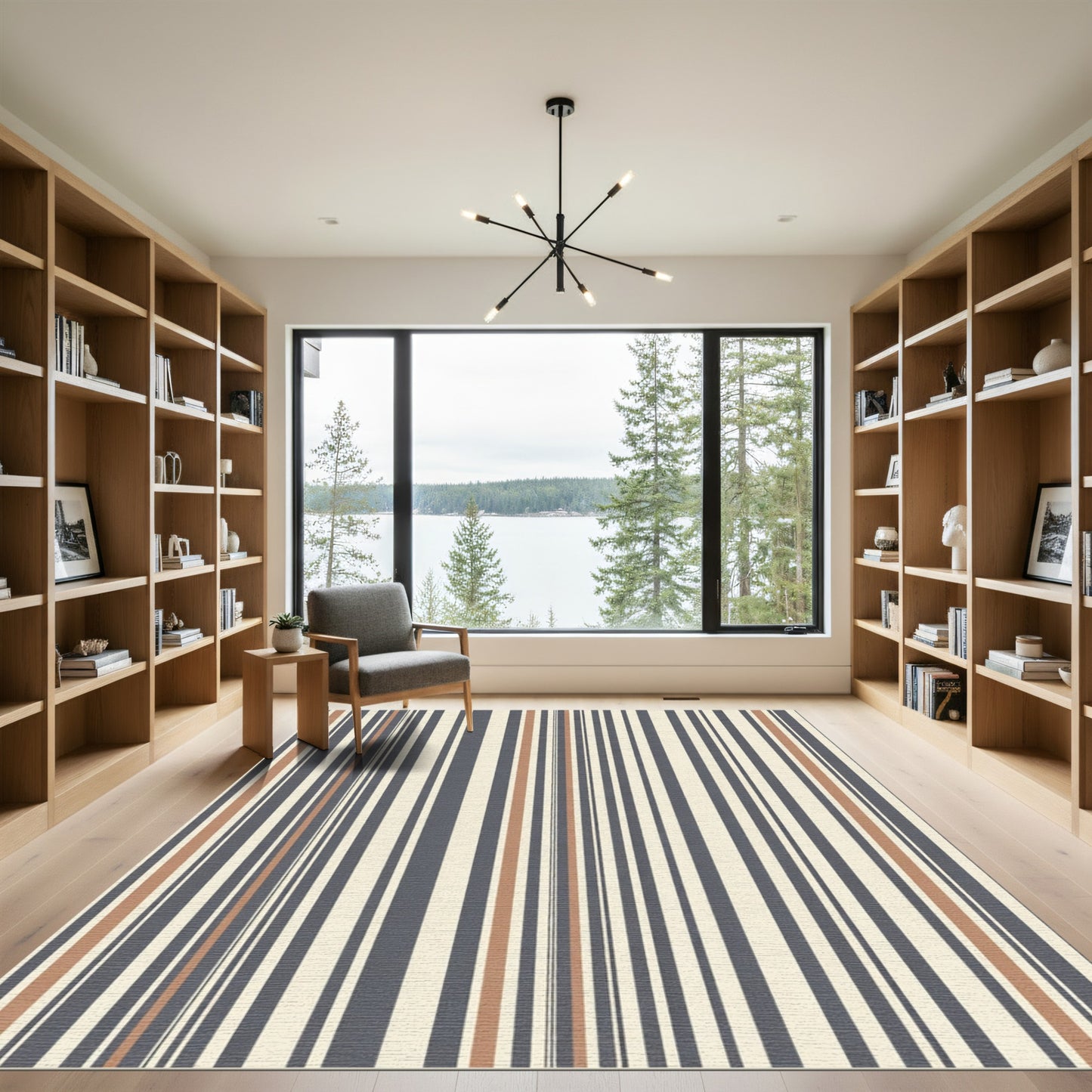 Cream Blue Copper Vertical Stripe Rug