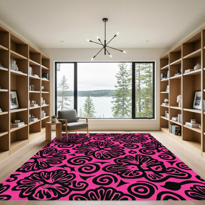 Hot Pink Black Floral Swirl Medallion Rug