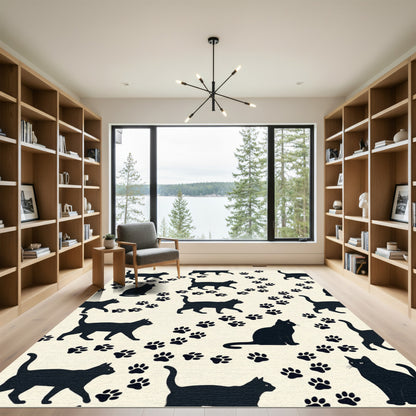 Minimalist Black Cat and Paw Silhouette Rug