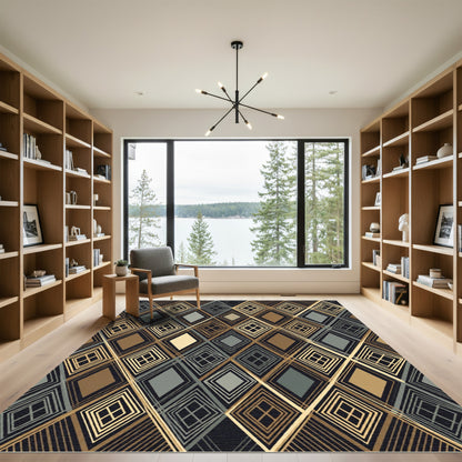 Sophisticated Gold and Slate Geometric Diamond Rug