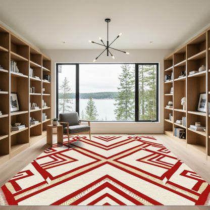 Crimson Gold Geometric Interlocking Shapes Rug