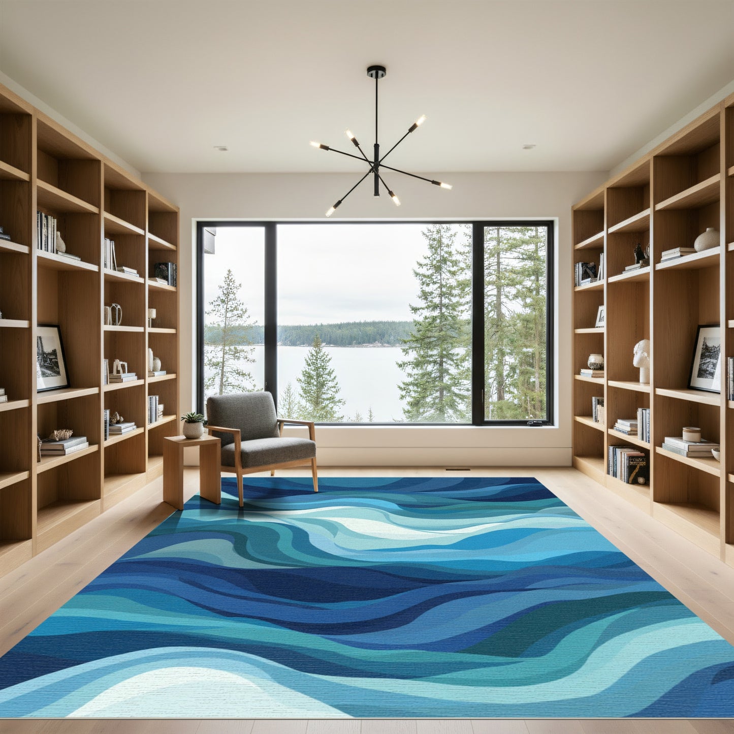 Abstract Azure Ocean Wave Layers Rug