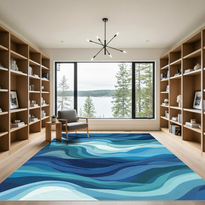 Abstract Azure Ocean Wave Layers Rug