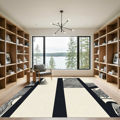 Bold Black Cream Abstract Art Rug