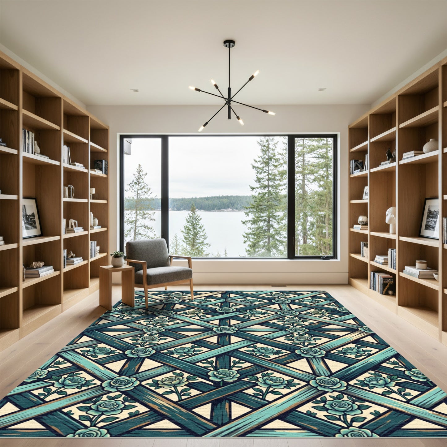 Teal Rose Lattice Garden Rug