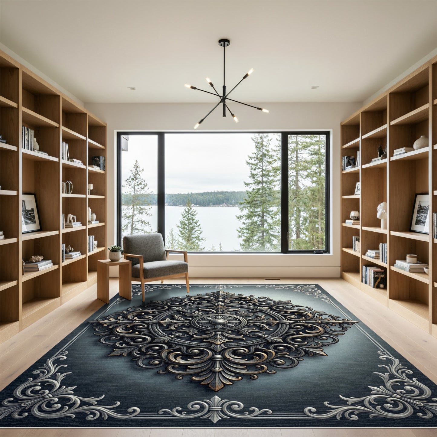 Ornate Silver Gold Filigree Medallion Rug