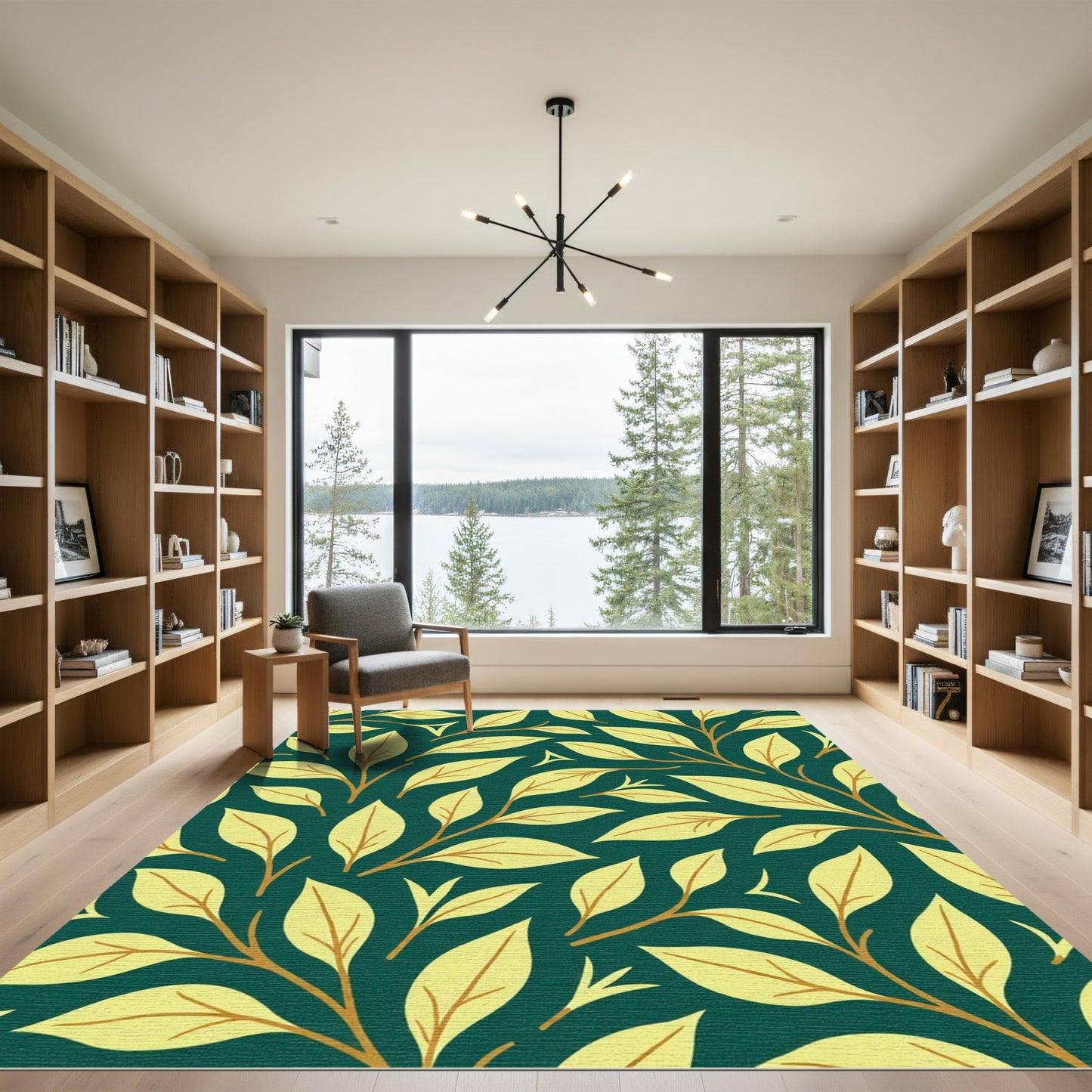 Teal Yellow Leafy Branch Pattern Rug