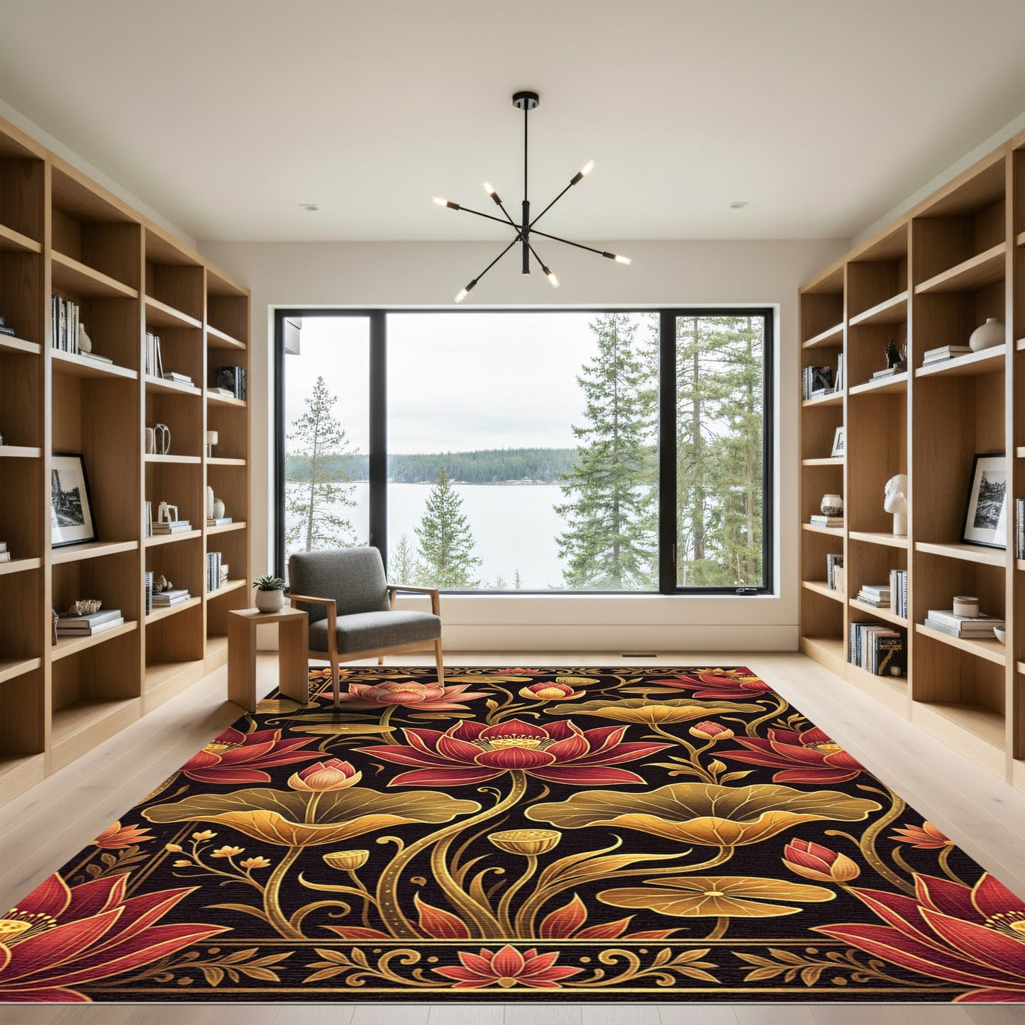 Golden Crimson Lotus Floral Art Rug